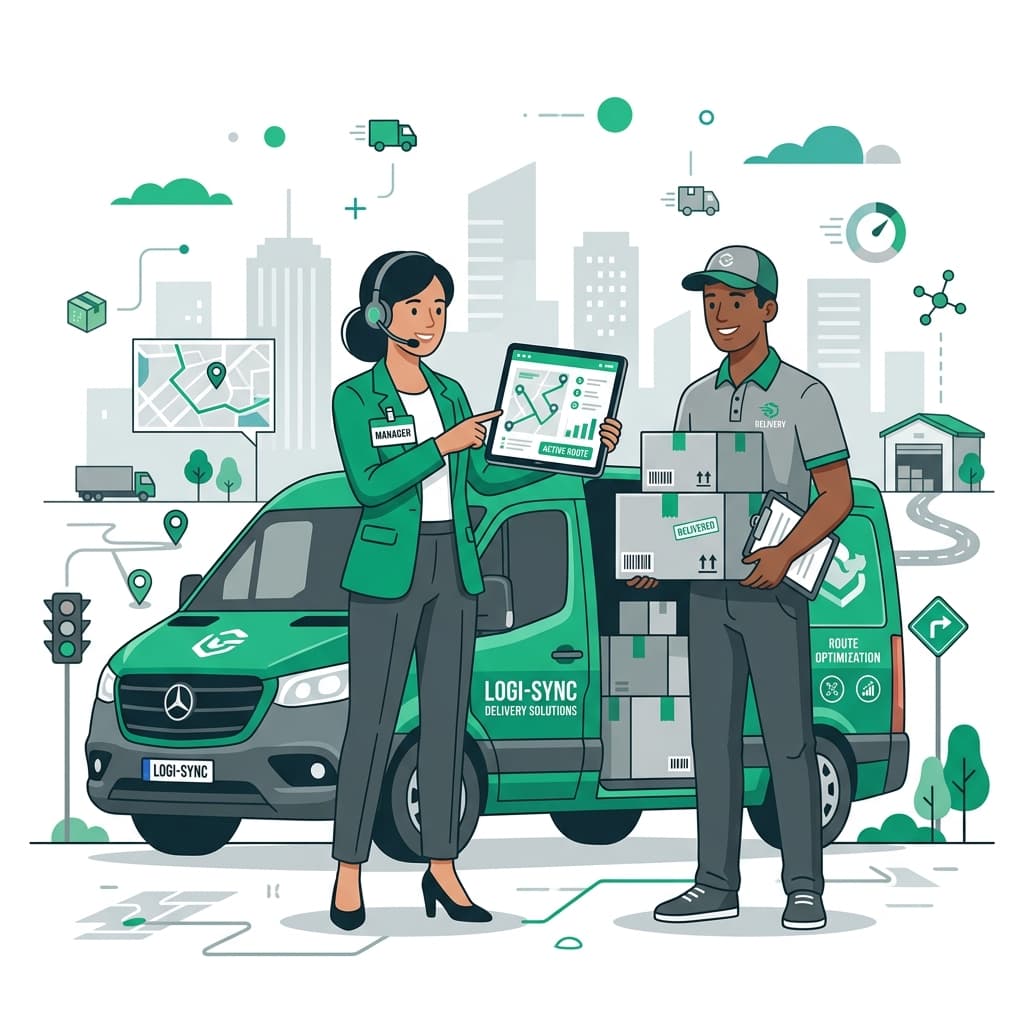 B2B flat vector illustration representing route delivery with a helper