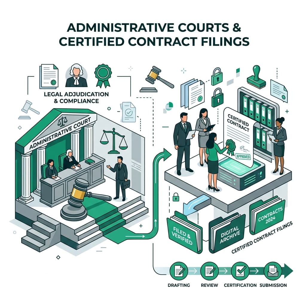 B2B flat vector illustration representing administrative courts and certified contract filings