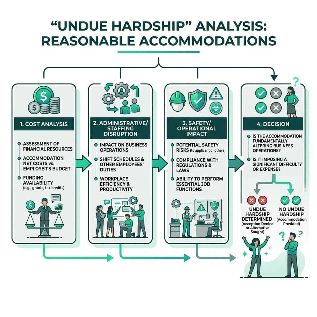 Horizontal flowchart infographic illustrating the Undue Hardship analysis