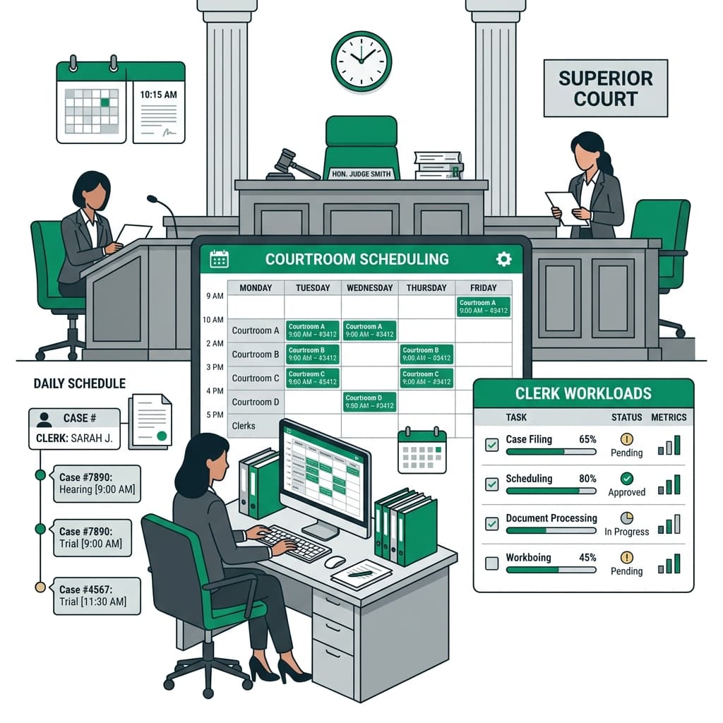 B2B flat vector illustration representing courtroom scheduling and clerk workloads