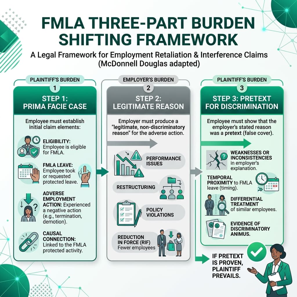 Horizontal flowchart infographic illustrating the FMLA three-part burden shifting framework