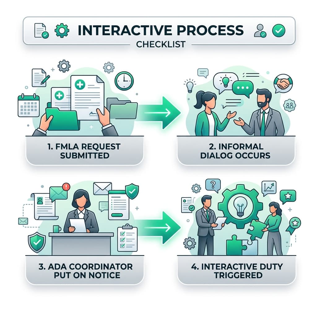 Horizontal flowchart infographic representing the Interactive Process Trigger checklist
