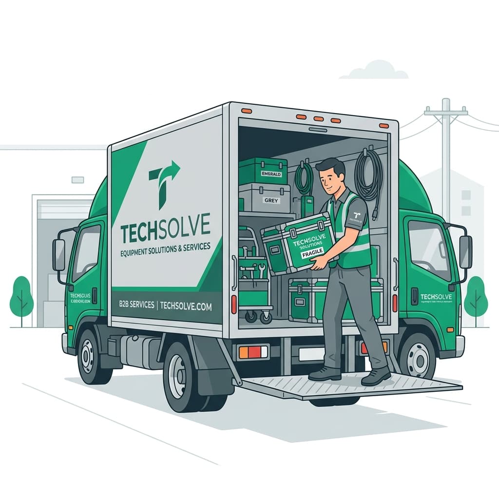 B2B flat vector illustration representing a technician loading equipment in a branded corporate truck