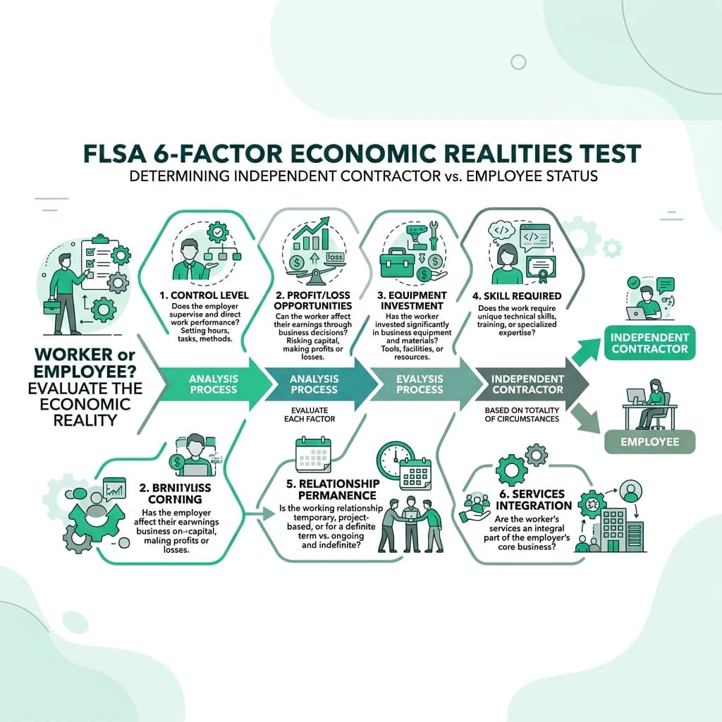 Horizontal flowchart infographic illustrating the FLSA 6-factor Economic Realities Test
