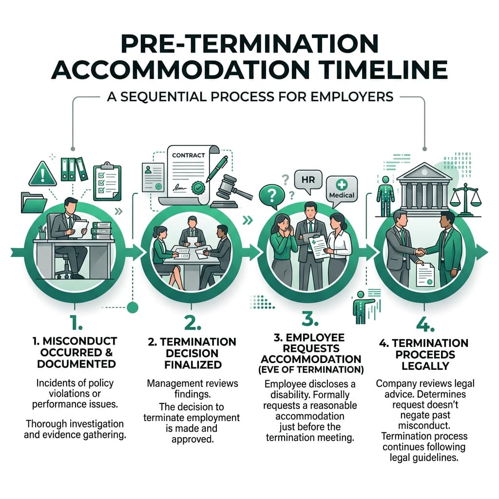 Horizontal flowchart infographic illustrating the pre-termination accommodation timeline
