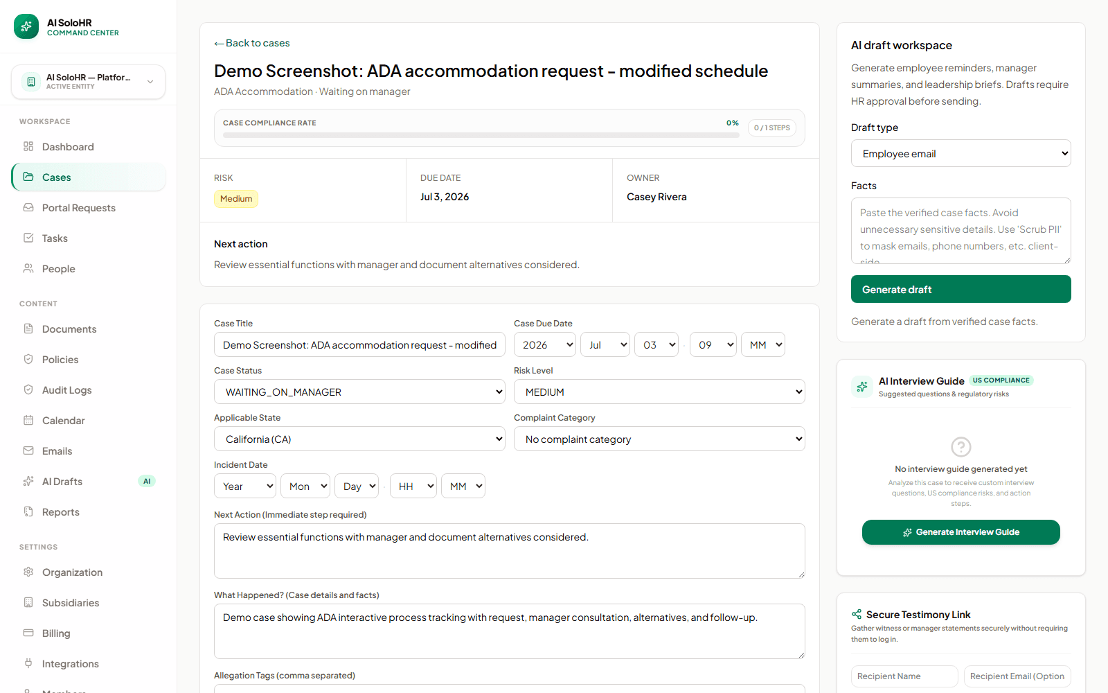 AI SoloHR ADA accommodation case showing an interactive-process workflow and modified-schedule request