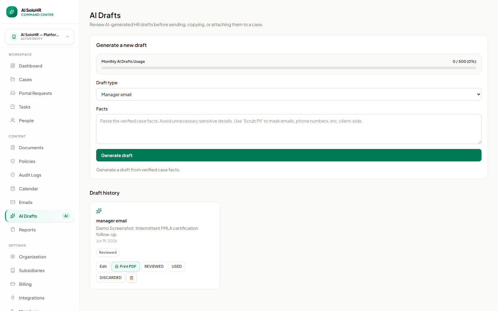 AI SoloHR AI drafts page showing draft type, verified facts, and reviewed draft history