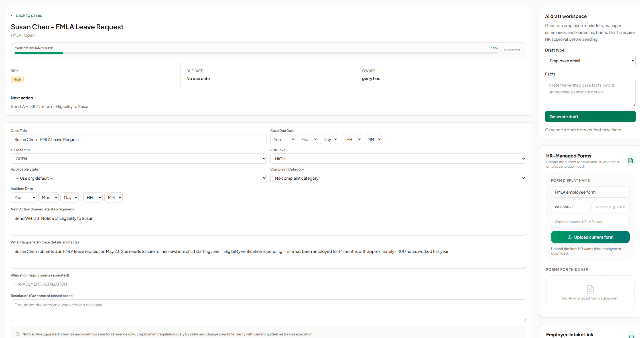 AI SoloHR FMLA case detail screen with profile, timeline, AI draft workspace, forms, and task records