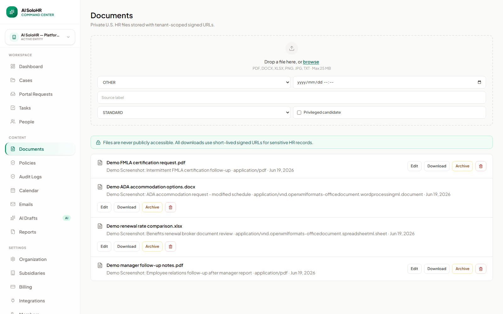 AI SoloHR document vault showing HR case documents and supporting files