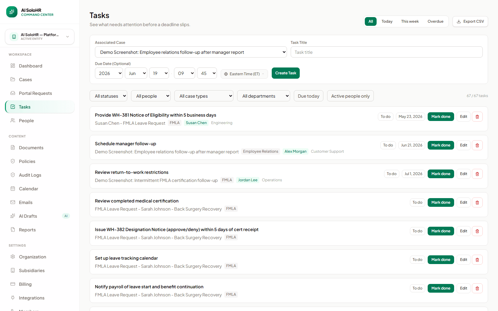 AI SoloHR case task board showing deadline ownership and HR follow-up tasks