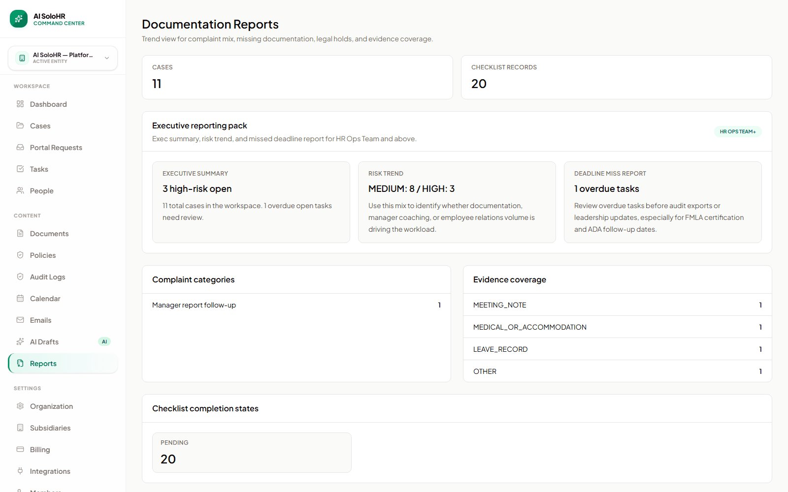 AI SoloHR documentation report showing a structured HR case record summary