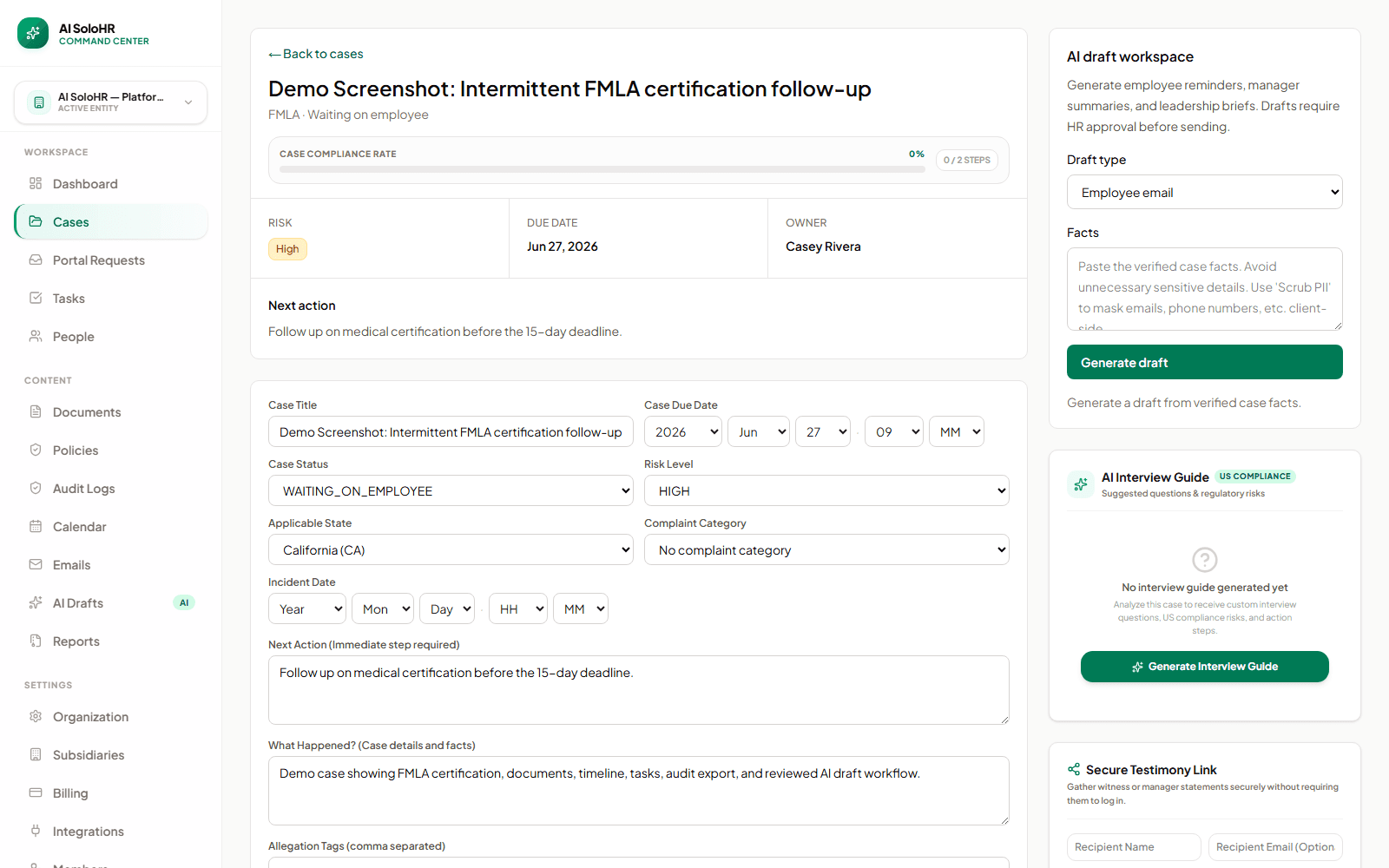AI SoloHR FMLA case detail showing rolling calendar metrics, case status, and workflow next steps