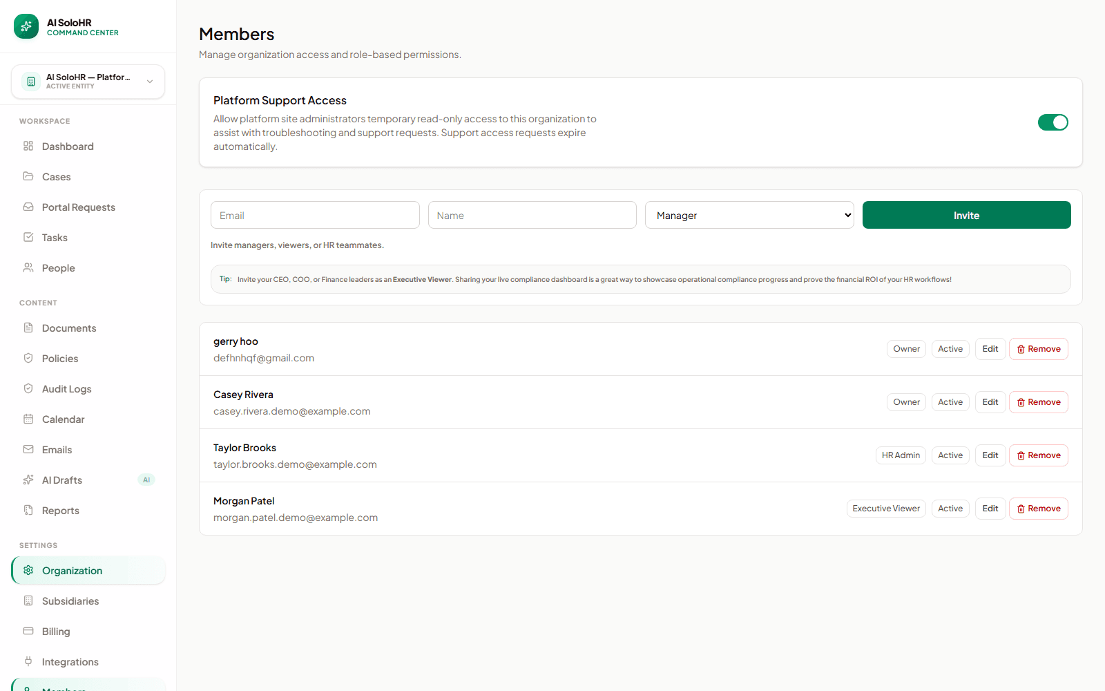 AI SoloHR members page showing owner, HR admin, and executive viewer roles
