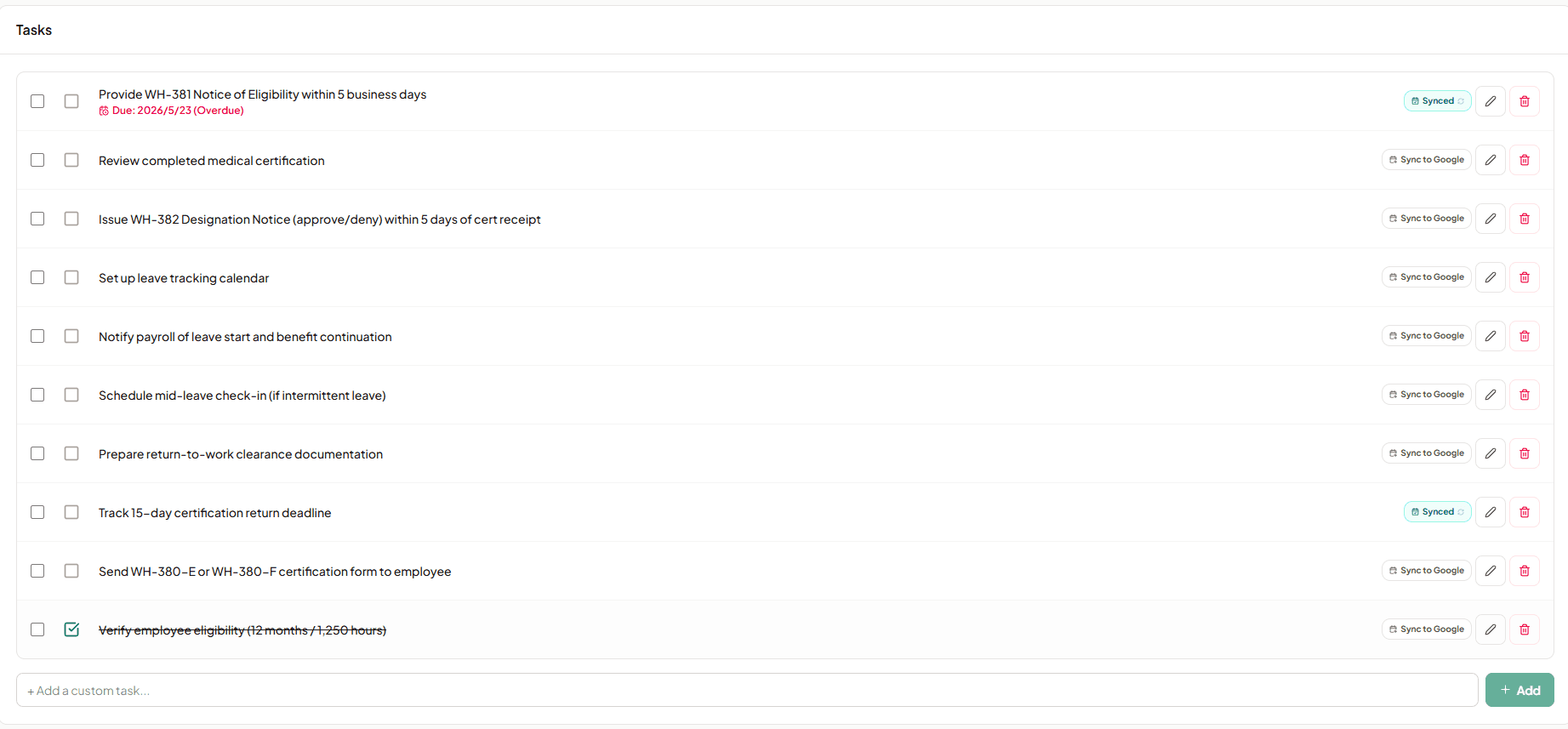 AI SoloHR tasks view with due dates, priorities, statuses, assignees, and related HR cases